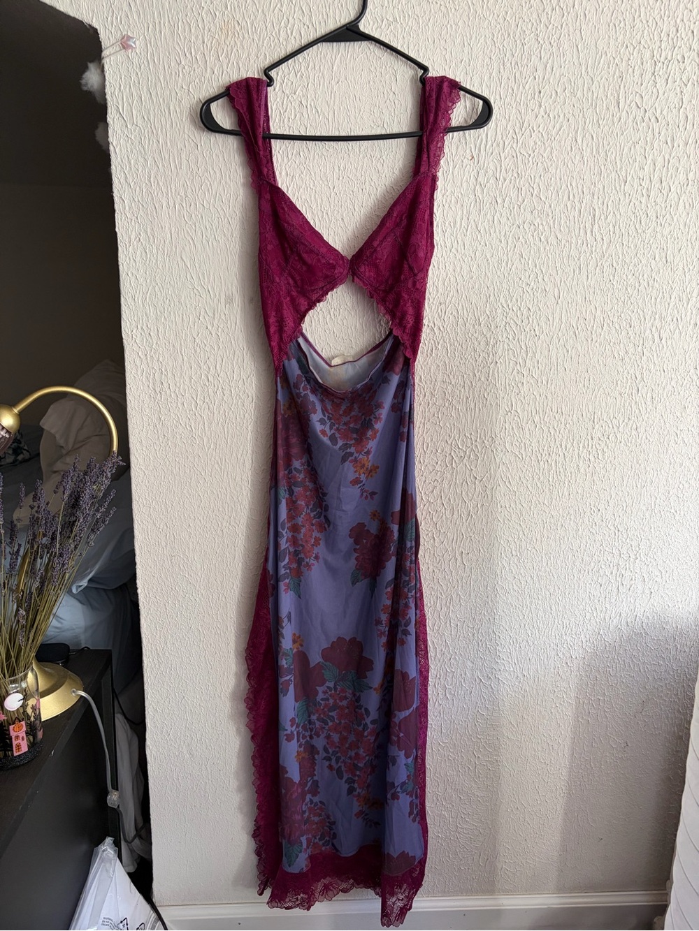 Free People Lavender Floral Slip with Fuchsia Lace